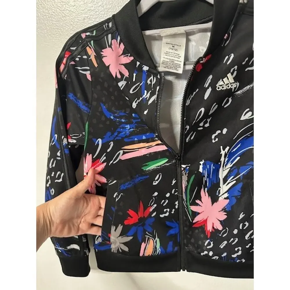 Adidas Track Jacket Black Blue Pink Floral Full Zip Front Girls Sz M 10/12
